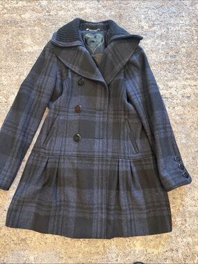 Guess Black and Navy Plaid Wool-Blend Peacoat